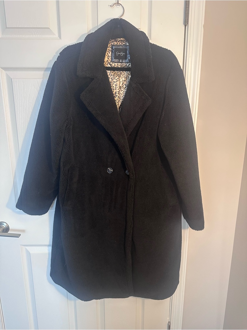 Jessica Simpson Black Faux Shearling Teddy Coat with Leopard Lining
